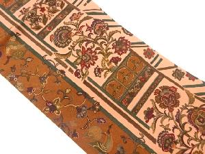 縮緬地縞に花唐草・鳥模様名古屋帯